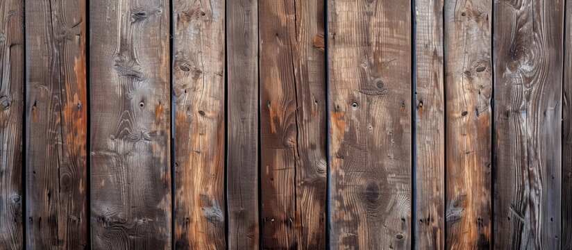 A detailed shot of a brown wooden fence with a blurred background, showcasing the texture of hardwood planks and the intricate pattern of the wood grain.