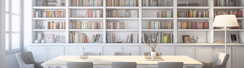 Minimalist white bookshelf with books and a lamp, perfect for a modern home office. 
