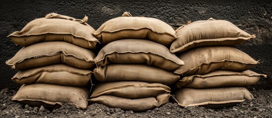 A stack of sandbags, resembling a patterned sculpture, rests on the soil, showcasing the art of still life photography.