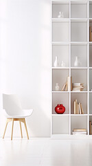 Fototapeta premium Minimalist white interior with a single chair and a bookshelf filled with books and decorative objects. Perfect for showcasing furniture, home decor, or lifestyle concepts. 