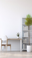 Minimalist home office interior with white walls, wooden desk, and a bookshelf with plants. Perfect for showcasing your product or design. 
