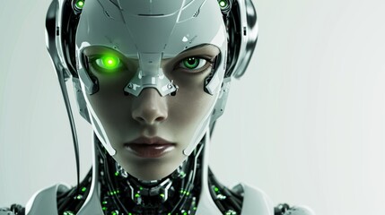 Cyborg woman with green eyes on white background