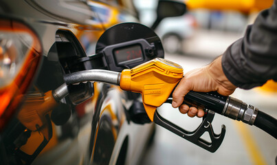 gas station where employees are refueling with service hearts Close-up of hand refueling