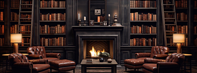 Cozy library with fireplace, leather chairs, and antique books. 

