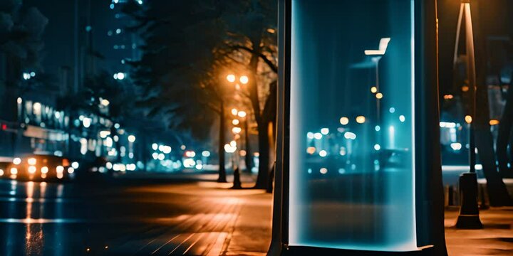 Blank white vertical digital billboard poster on city street bus stop sign at night, blurred urban background with skyscraper, people, mockup for advertisement, marketing 4K Video