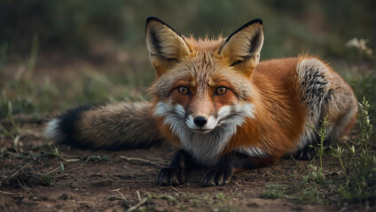 A close-up of a fox relaxing on the ground with its front paws stretched, curiously looking at the camera.