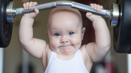 Muscular emotional child lifting barbell