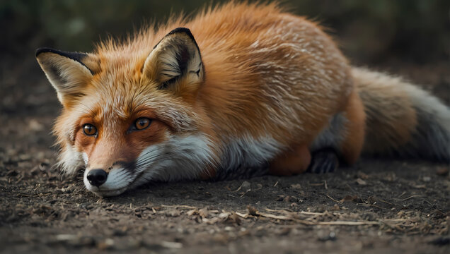 A close-up of a fox relaxing on the ground with its front paws stretched, curiously looking at the camera.