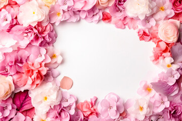 Delicate spring flowers lie on soft pink surface, creating place for text, advertising. Greeting frame, banner for Mother's Day, Valentine's Day, March 8, birthday, spring holidays. Copy space.