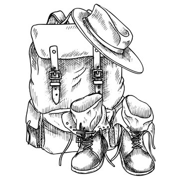 Vintage Backpack with Hat and leathery old retro Boots. Hand drawn vector illustration of travel equipment for adventure and tourism. Drawing of bag for hiking painted by black inks in linear style.