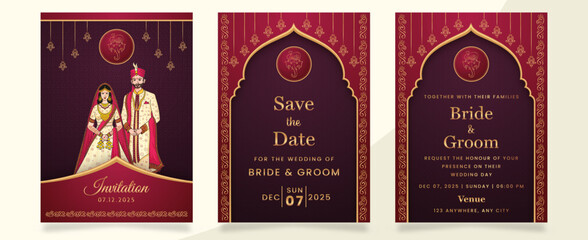 Wedding Invitation Template Layout With Indian Couple Image In Red and Beige Color. Set of 3 Pages.