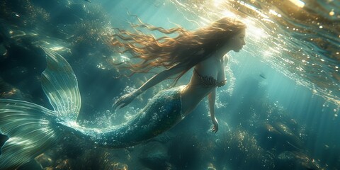 A mermaid swimming underwater with a magnificent tail illuminated by light rays. Concept: magic and mystery of the ocean depths, mythical creatures of the depths - obrazy, fototapety, plakaty