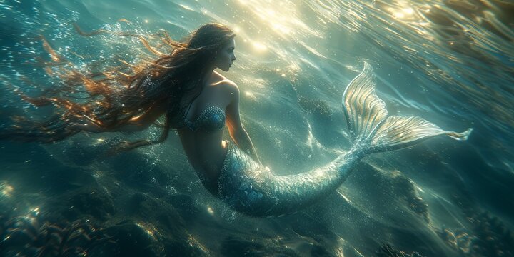 A mermaid swimming underwater with a magnificent tail illuminated by light rays. Concept: magic and mystery of the ocean depths, mythical creatures of the depths