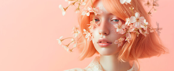 Surreal portrait young woman with peach hair and delicate flowers on her face. International Women's Day. Color of the year 2024