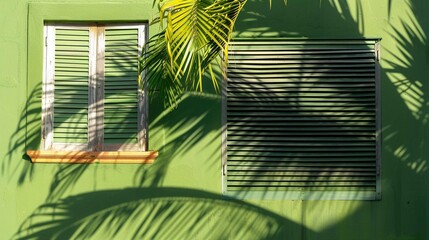
House Shadows of tropical foliage on a green wall in the Caribbean