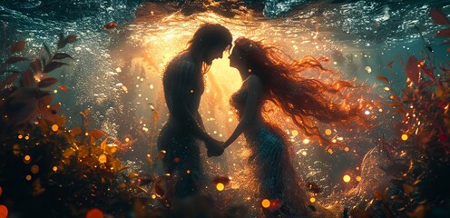 A man and a mermaid embrace underwater surrounded by coral in a dreamy and magical underwater scene.
Concept: illustrations about myths and legends or sea adventures and love