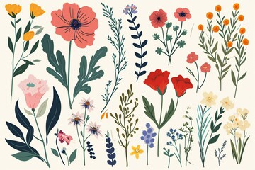 Set of hand drawn flowers and plants,  Floral elements