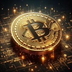 Crypto currency Bitcoin (BTC): Bitcoin golden coins on a chart, Blockchain technology, bitcoin mining concept