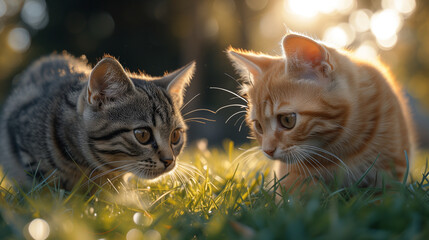Two cats are standing next to each other in the grass