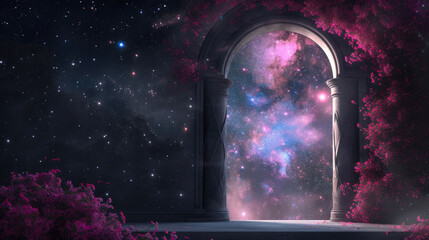 Celestial Elegance: Chrome Flower Arch and the Milky Way