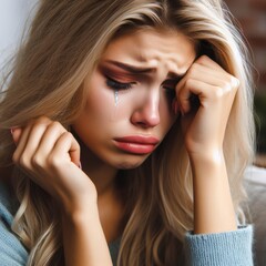 Beautiful woman with blonde hair is sad and crying