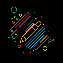 Vector illustration of a fountain pen and other patterns in a contour color gradient on a black background