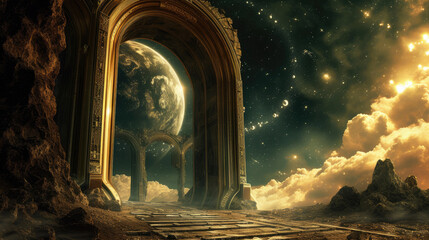 Heavenly Portal: Metallic Splendor in a Sci-Fi Landscape