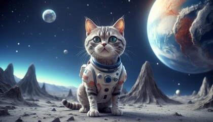 Lonely brave cat walks on the moon, space cat