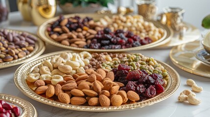 
Mixed nuts and dried fruits on a gold plates. 
