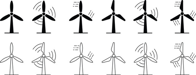 Wind turbine icons set silhouettes. Windmill black flat or line vector collection isolated on transparent background. Wind power icons. Alternative energy symbols. EPS 10 for graphic and web design.