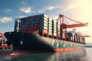 Obraz premium Cargo containers on a ship. Logistics. AI generative.