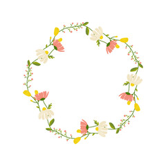Floral round frame, ornament, spring colors. On white isolated background. For your postcard design, invitations, congratulations