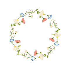 Floral round frame, ornament, spring colors. On white isolated background. For your postcard design, invitations, congratulations