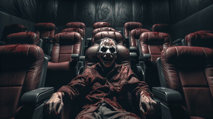 Horror Dark Movie Theater No Audience But A Crazy Clown - obrazy, fototapety, plakaty