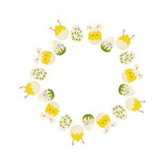 Obraz premium Easter eggs round frame, ornament, spring. On white isolated background. For your postcard design, invitations, congratulations