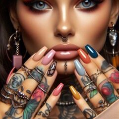 Colorful fingernails of a woman