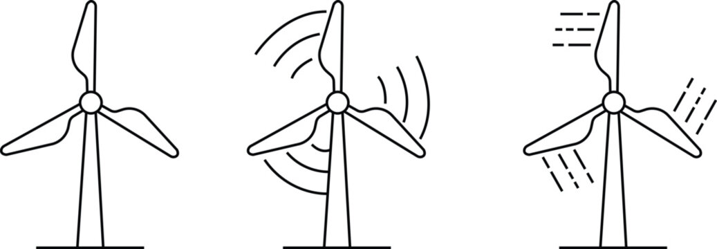 Wind turbine outline icons set silhouettes. Windmill black line vector collection isolated on transparent background. Wind power icons. Alternative energy symbols. EPS 10 for graphic and web design.