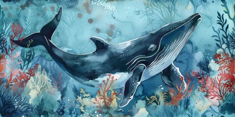 Watercolor illustration of a humpback whale swimming among vibrant coral reefs. 