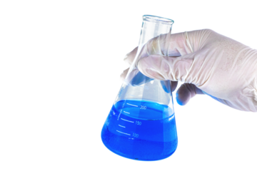 Hand holding a lab measurement glass on transparent background. Chemistry research. Blue liquid in the measurement glass. Experiment in the laboratory.  Chemical attempt, Laboratory experiment.