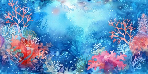 Naklejka na ściany i meble Vibrant watercolor painting of a coral reef in shades of blue and red, depicting an abstract underwater scene. Blue ocean wallpaper.