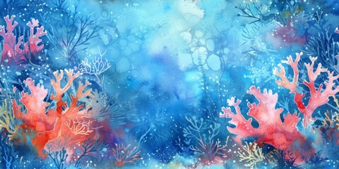 Vibrant watercolor painting of a coral reef in shades of blue and red, depicting an abstract underwater scene. Blue ocean wallpaper.