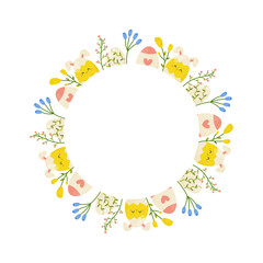 Easter eggs and flowers round frame, ornament, spring. On white isolated background. For your postcard design, invitations, congratulations