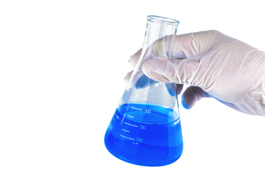 Hand holding a lab measurement glass on transparent background. Chemistry research. Blue liquid in the measurement glass. Experiment in the laboratory.  Chemical attempt, Laboratory experiment.