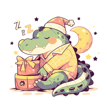 Cute Cartoon Crocodile Sleeping in a Hat and Starry Night Sleepwear, for t-shirts, Children's Books, Stickers, Posters. Vector Illustration PNG Image