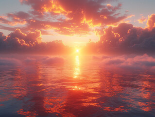 Naklejka na ściany i meble Beautiful bright sunset by water, red shader