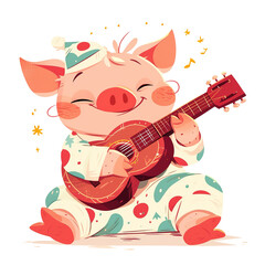 Obraz na płótnie Canvas Cute Cartoon Pig Playing Guitar in a Hat and Starry Night Sleepwear, for t-shirts, Children's Books, Stickers, Posters. Vector Illustration PNG Image
