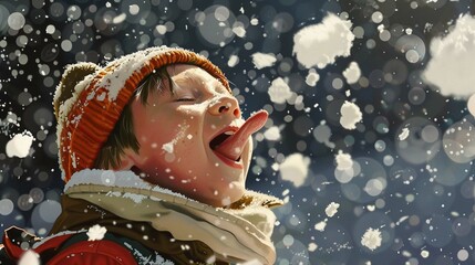 
Playful boy catching snowflakes on tongue
