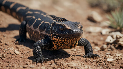 Naklejka na ściany i meble A close-up of a Gila monster lizard crawling on the ground with its front legs moving, attentively observing the camera.