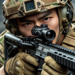 Close-Up of a soldier looks through his scope