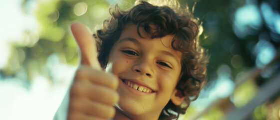 Childhood positivity, a curly-haired boy's upbeat thumbs-up signals happiness and approval in a sunlit outdoor setting